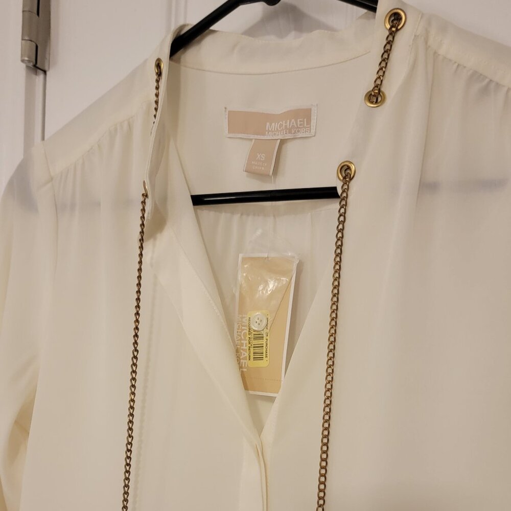 Michael Kors White Sheer Blouse with Gold Chain